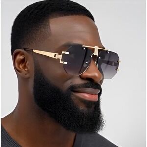 Exaggerated Oversized Design Gold Accent Black Sunglasses‎ Frameless Driving New